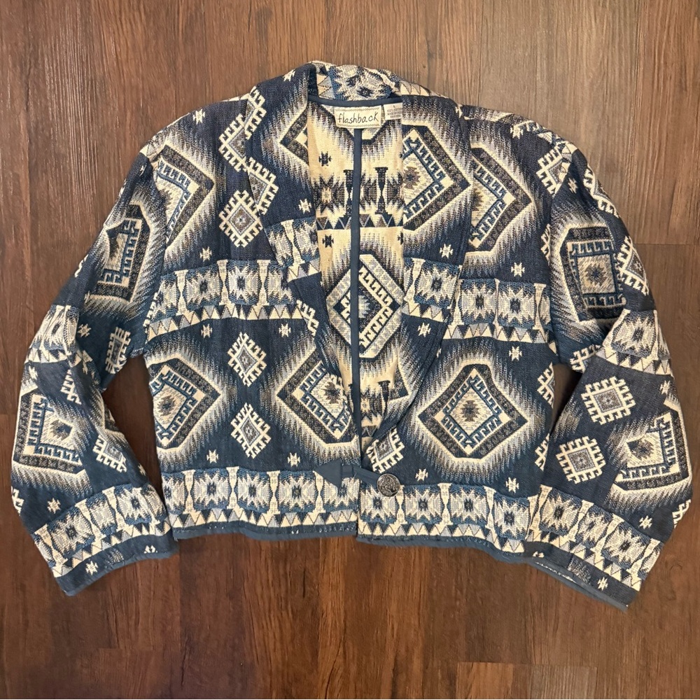 Flashback Vintage 90’s Woven Aztec Cropped Wide Sleeve Carpet Tapestry Jacket